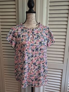 Pink & Blue Floral Ruffle-Neck Short Sleeve Blouse